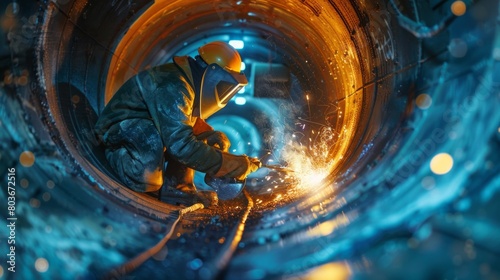 Pipe welding on the pipeline construction. Laying a large diameter gas or oil pipeline