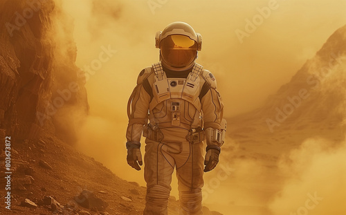 A cinematic still of an astronaut standing on Mars, with the sky yellow and foggy, smoke billowing behind him