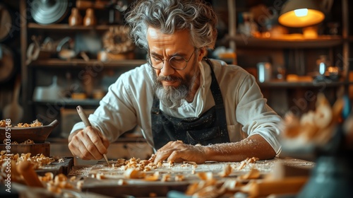 Woodworking artisan meticulously carving in a well-equipped workshop
