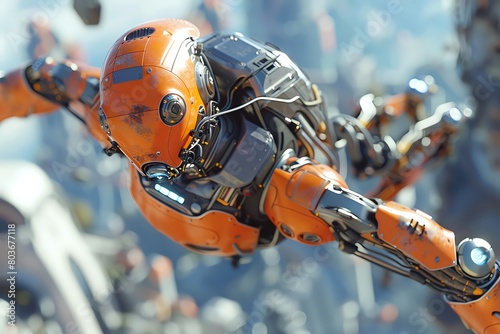 Immerse viewers in the thrilling fusion of robotics and extreme sports with a worms-eye view of Futuristic Parkour Robots in mid-leap, showcasing their metallic agility Render the scene with dynamic,