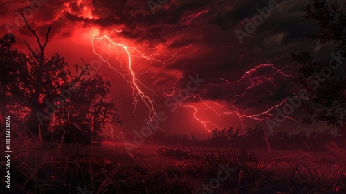 Scary lightning strikes in the dark red sky above the field at night