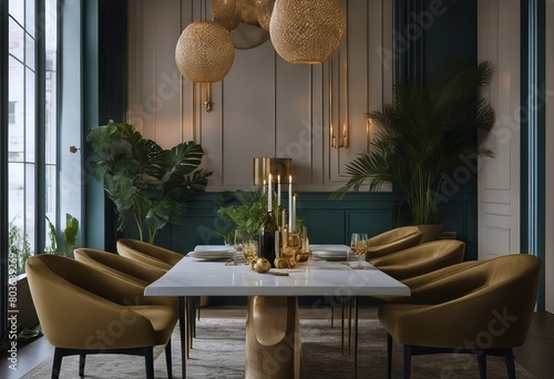 vase room interior accessoriesTropical paintings pedant sharing gold decor lamp design Minimalistic elegant abstract ning leafs Real chairs Eclectic stylish table