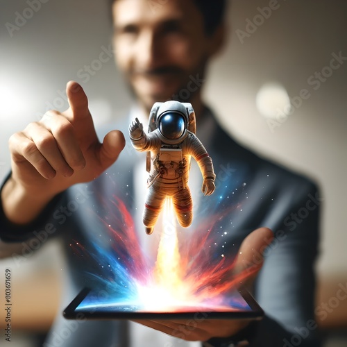 Man Demonstrates Hologram of Astronaut on Rocket from Tablet