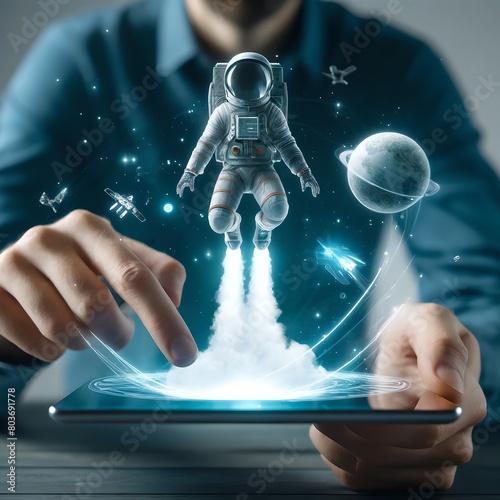 Man Demonstrates Hologram of Astronaut on Rocket from Tablet