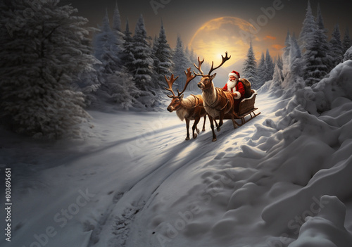 Santa Claus travels in a sleigh pulled by reindeer, according to tradition.