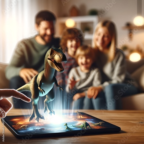 Family Enjoys Dinosaur Hologram from Tablet in Cozy Living Room
