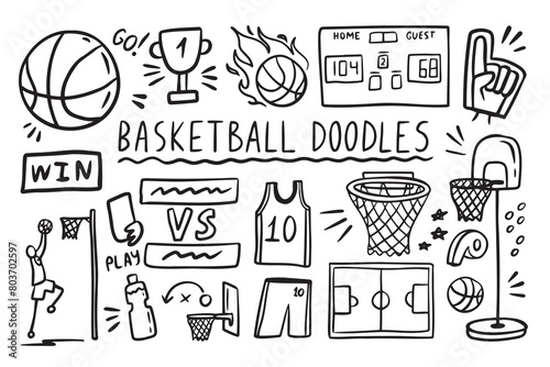 Basketball doodle elements set. basket sport ball, winner cup. Hand drawn sketch style.