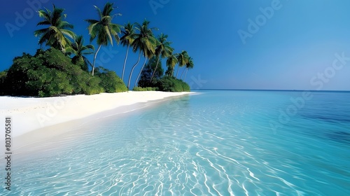 Tropical paradise with crystal-clear waters and swaying palms