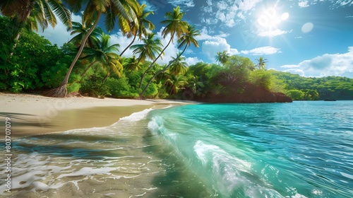 A serene tropical beach with lush palms and glistening waters