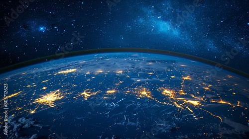 A night view from space illustration, showcasing the world lit up, emphasizing the interconnectedness of cities across continents