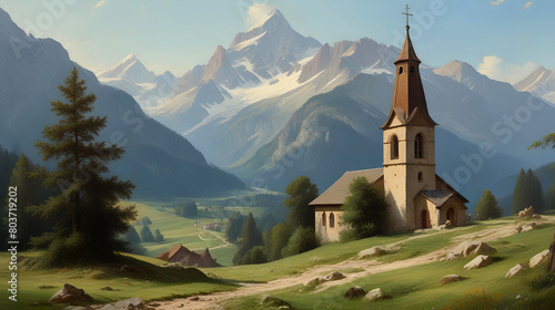 Church of St. John the Baptist in the mountains of Dolomites. Generative AI