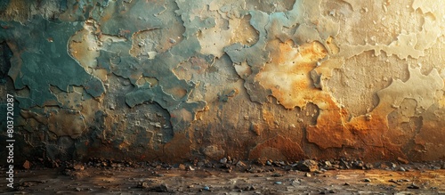 Worn-out paint is peeling off a weathered wall, revealing brick flooring underneath in a close-up view
