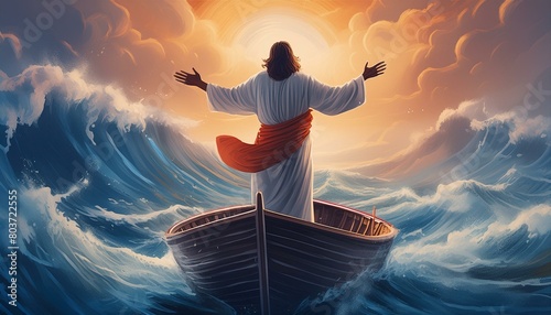  Jesus Christ calming the storm, standing at the bow of a boat with outstretched arms, as wind and waves obey his command