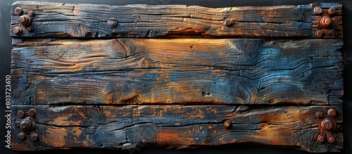 A detailed close up of a weathered wooden plank showing signs of rust and corrosion on its surface