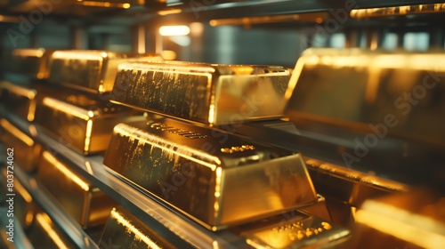 Shiny gold bars stacked in a vault, soft overhead light, closeup shot