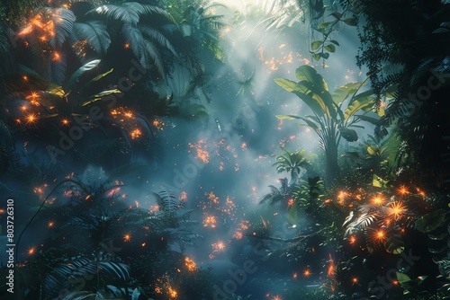 Lush alien rainforest with glowing flora and interactive fauna, ultrarealistic details
