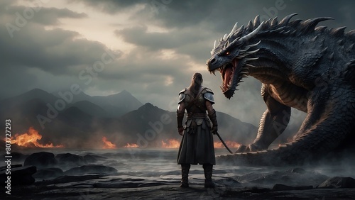 Fantasy scene with a warrior and dragon on the background of mountains