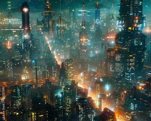 Explore a wide-angle view of a futuristic cityscape fused with tiny