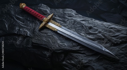 Ornate golden sword on dark fabric background