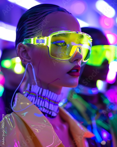 Cyberfashion show featuring models with glowing USB accessories, set against a backdrop of neon lights