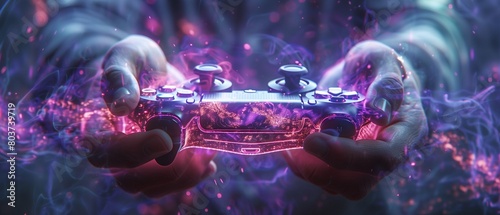 Hand holding game controller with digital screen showing gaming interface, blurred background of video games room, focus on hand and gamepad, hightech gaming environment, purple neon light effect.