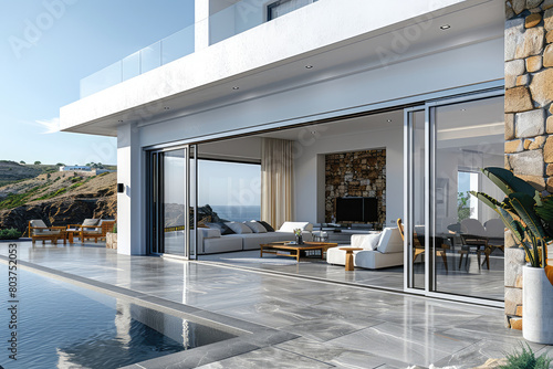  A modern villa with sliding doors leading to an outdoor pool, showcasing the luxurious design of aluminum frames and glass panels. Created with Ai