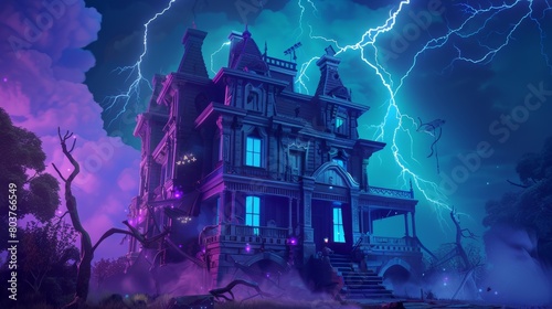 Cartoonish spooky haunted house from the outside at night with lightning and magical colors with smoke, scooby doo style with Generative AI. cartoons. Illustrations