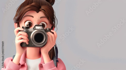 3d cartoon woman taking photo with camera. cartoons. Illustrations