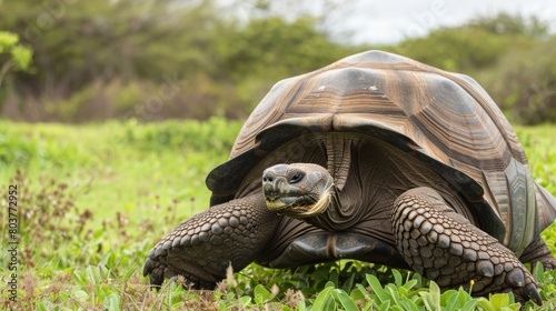 Portrait of a Giant Tortoise (Chelonoidis niger); Santa Cruz Island, Galapagos Islands, Ecuador. animals. Illustrations
