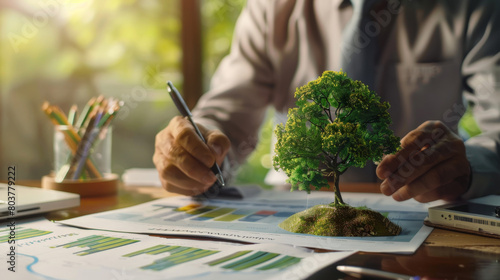 A businessman is working at his desk with a financial graph and documentary. He is using a green tree model as a background concept for ecology and the environment.