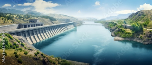 Panoramic view of a hydroelectric reservoir, showcasing the dual utility of water storage and power generation in a pristine environment,