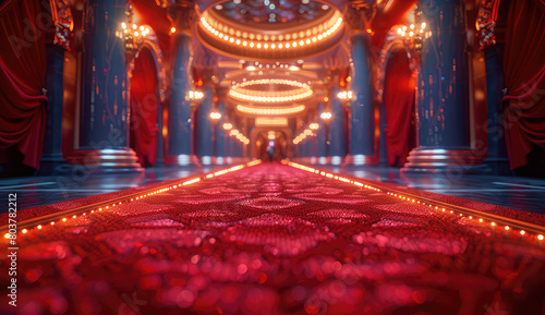 A red carpet made of sequins leading to the entrance, representing luxury and grandeur for an elegant gala event. Created with Ai