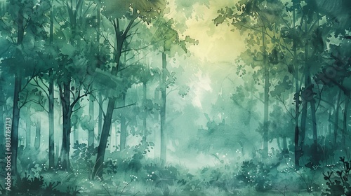 Artistic watercolor of an early morning in the forest, the air misty and trees cloaked in soothing shades of green