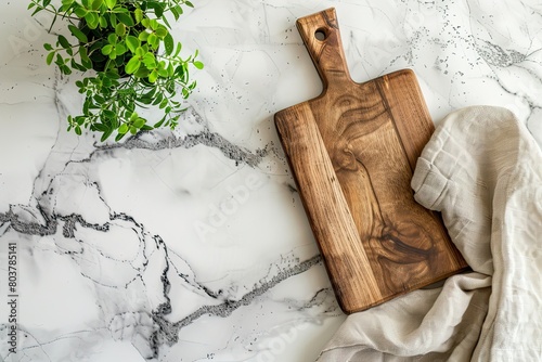 Wood cutting board with linen napkin and plant on marble table with copy space top view