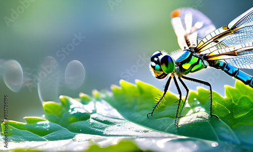 Dragonflies Resting on Vibrant Green Leaves, Captivating Close-ups: Nature's Beauty in Blurred Summer Backgrounds