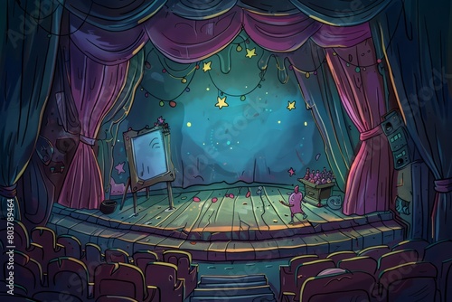 Cartoon cute doodles of an abandoned theater, with faded curtains and whimsical creatures putting on impromptu shows for an audience of stars, Generative AI