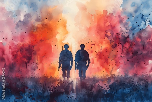 Two Soldiers Walking Side by Side into the Sunset Captured in a Dramatic Watercolor Emphasizing Brotherhood and Reflection on Memorial Day 
