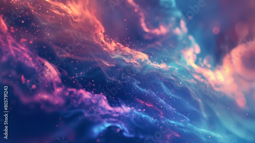 Abstract cosmic backround with swirling patterns featuring bright blues, purples, oranges, and reds. sparkling particles are scattered throughout, adding to the mystical quality