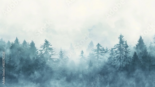 Minimalist watercolor of a pine forest in winter, the stark beauty of the snow-covered trees fostering a quiet and reflective mood