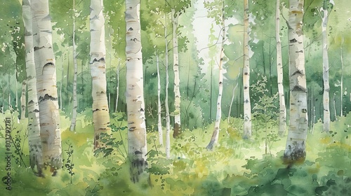 Soft and inviting watercolor of a birch forest, the white trunks standing stark against a backdrop of lush underbrush and light green foliage