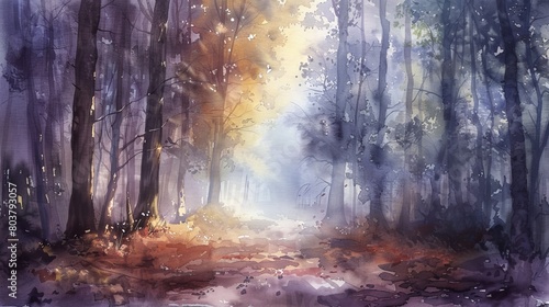 Soft watercolor painting of a peaceful clearing in the woods, early morning fog enhancing the mystic feel and rich hues of the forest