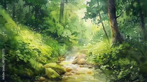 Tranquil watercolor of an early morning in the woods, the sun's rays softly breaking through the mist and lighting up patches of dewy grass
