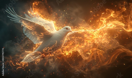 A white dove with wings outstretched flying against a dark background