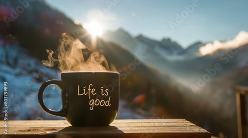 Serene Sunrise Coffee Break in Mountainous Landscape with Inspirational Mug. Horizontal banner with motivational phrases on the cup "Life is good", copy space