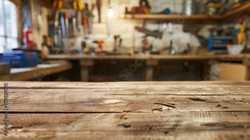 Garage or woodshop interior backdrop, product shot, wooden table top in foreground with blurred tools in background