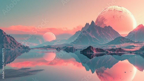 Fantastical setting with a radiant sphere floating in the sky, over mountains and a reflective lake