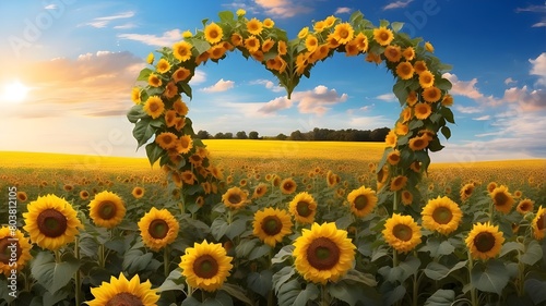 Beautiful yellow sunflowers against a blue background, an artistic depiction of a field of vivid sunflowers below a blue sky. Beautiful sunflowers in a blue background frame with room for Mother's Day