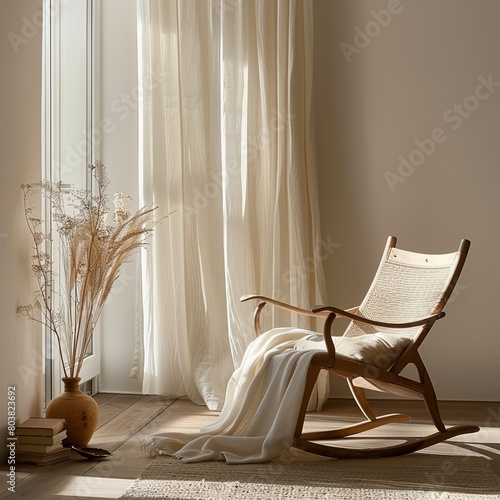 Rocking chair in a minimalist setting, gentle morning light streaming in, soothing rhythms felt