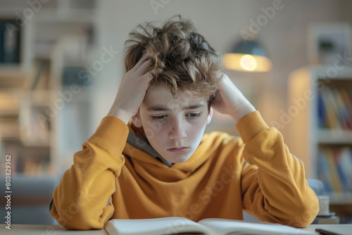 A boy sits at his desk, looking stressed as he works on homework or studies.