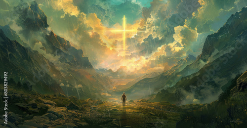 A radiant cross shines in the sky, illuminating a valley with mountains and clouds, with a figure standing at its center looking up towards it.